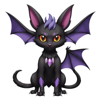 Black dark spooky badass cool shiny glossy smooth soft Black edgy Noivern-Noibat-Purloin-Torracat-Lykoi-Caracal-cat-Fakemon-fusion-hybrid-creature with bat wings on head as ears, big fangs, gothic markings sticker