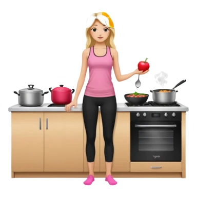 Render from knees up, view from the back, fair skinned woman, thin, long blond hair, cooking dinner in kitchen, pink loose tank top, showing natural B cup breast shape SFW, black yoga pants, perfect booty sticker