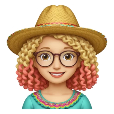 blonde girl with curly hair and glasses with a Mexican hat sticker