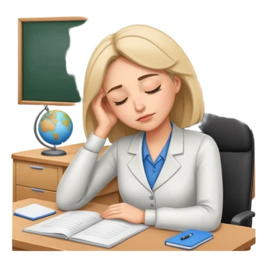 Tired woman teacher asleep at desk, classroom setting sticker
