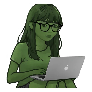 A beautiful woman with straight-across bangs and long black hair is using a laptop. sticker