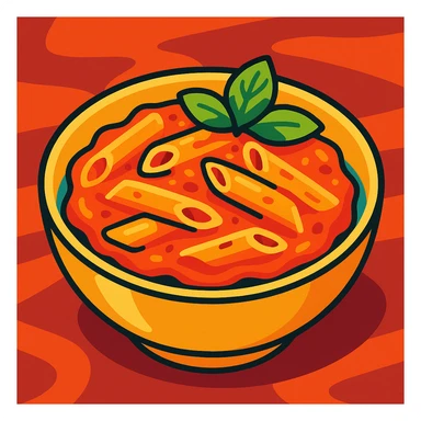 a bowl of creamy vodka pasta with penne noodles, tomato sauce, and a sprig of basil, appetizing and colorful sticker