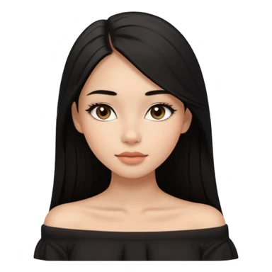 A realistic 3D avatar of a young woman with a soft oval face, slim cheeks, natural almond eyes, long straight black hair, minimal makeup, wearing a black off-shoulder top, elegant and aesthetic, brown skintone, add nosepin at left side.  sticker