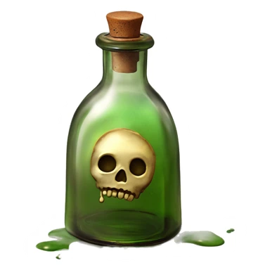 Mysterious Alchemical vintage glass potion bottle, exquisite bottle shape, old and shabby, with label, stylish and minimalistic, brown and shabby-green, oil potion is poured out of the bottle, herbal, flowers and oil is spilled next to it sticker