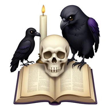 Icon for Horror and Mystery Reading: an open book with eerie shadows and mist rising from the pages, a candle, a skull, and a raven perched nearby. The icon should evoke the suspense, fear, and supernatural atmosphere of horror and mystery stories. Transparent background. sticker