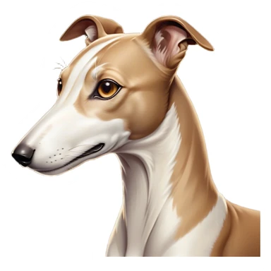 Cinematic Noble White and Brown Greyhound Portrait Emoji, Poised and regal, with a slender, aerodynamic build and a sleek Fur of pristine white accented by warm brown markings, deep-set soulful eyes, Simplified yet sharp and sophisticated features, highly detailed, glowing with a soft, dignified glow, high shine, intelligent and agile, stylized with an air of elegance, focused and attentive, soft glowing outline, capturing the essence of a watchful and swift companion, so majestic it feels as though it could dash out of the screen with effortless authority! sticker