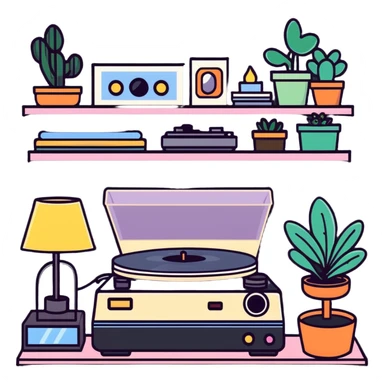 small bedroom with indie aesthetic, record player, art prints, potted plants, fairy lights, colorful pillows, vintage items sticker