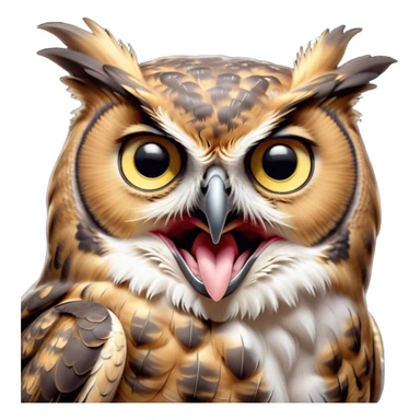 Cinematic Cute Yawning Great Horned Owl Portrait Emoji, Head tilted slightly with a dramatic, wide-open yawn, showcasing a soft, downy mottled plumage with gently drooping feathers, round golden eyes barely open in drowsy contentment, Simplified yet irresistibly adorable features, highly detailed, glowing with a soft, cozy glow, high shine, relaxed yet expressive, stylized with a touch of nocturnal whimsy, bright and endearing, soft glowing outline, capturing the essence of a sleepy yet affectionate owl, so drowsy it feels like it could glide out of the screen and curl up for a nap! sticker