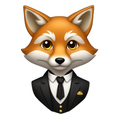 Fox wearing a black tuxedo with gold sticker