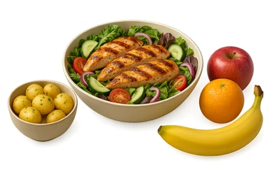 insalate con petto di pollo grigliato e bowl di patate cotte poggiate per terra e frutta fresca, iperrealistico 4k sticker