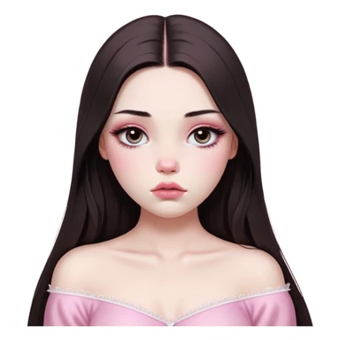 girl with white skin, dark brown long realistic straight hair with middle part prominently falling in front of her body over her shoulders, very big pouty extra shiny lips with absolutely no cupid's bow, big round shiny eyes with black eyeballs and huge eyelashes, no eyeshadow, pink blush on cheeks, lighter button nose, extremely long oval-shaped face, wearing a pink off-shoulder top, looking directly at camera with hands down at sides sticker