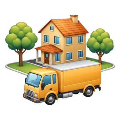 apple style emoji of a truck, package, house, and company connected by street lines, all elements clearly visible, modern emoji look sticker