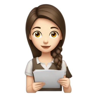 a white skin, brunette haired girl, she is writing on a paper holding a pencil sticker