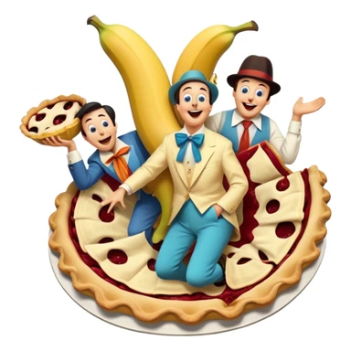 A vintage movie poster-style design featuring slapstick humor elements—funny characters in exaggerated poses, oversized props, and bright colors. Include elements like pies in faces, a falling banana peel, and cheerful expressions. Retro cinematic style. Transparent background. sticker