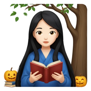 Beautiful Asian girl with long black hair reading book cozy aesthetic sticker