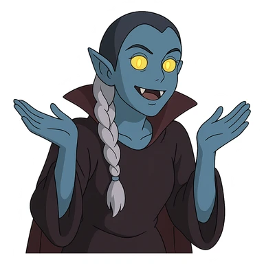 1 female, single long white braid with lavender tips. Vampire with blue skin and glowing gold yellow eyes. Meme pose sticker