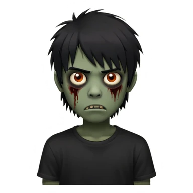 Boy, zombie, black hair, medium long, emo, shaggy, dark, spooky, creepy expression, fringe approximately to the eyebrows height, with Black t-shirt  sticker