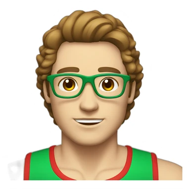 retro 70s red and green gym clothes for a modern white brunette uni male student with glass sticker