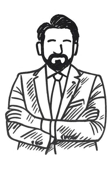 Turn this man in a suit and tie into a hand drawn black outline illustration, sketch style, with minimal details and white background. sticker