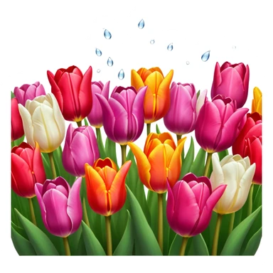 Tulips – Cinematic Realistic Tulips, depicted as a vibrant field of blooming tulips in brilliant hues, each delicate petal catching dewdrops under soft, natural spring light, rendered with detailed textures and a dreamy, picturesque glow. sticker
