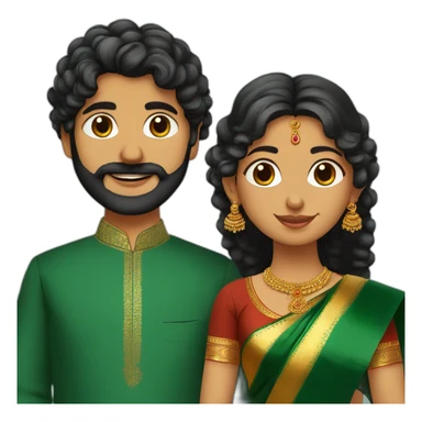 south indian girl with curly hair wearing dark green saree marrying south indian guy with straight hair and beard wearing dhoti sticker