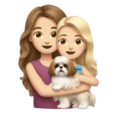 a girl with long wavy brown hair hugging a Shih Tzu with blonde fur and a cute bow sticker