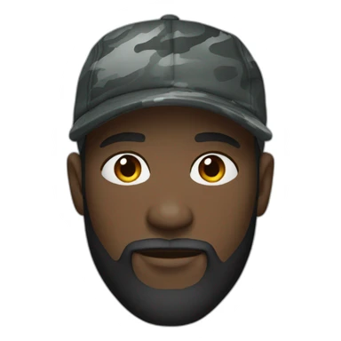 black man with a beard, gray camo hat, black hoodie sticker