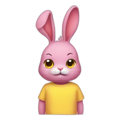 rabbit pink frowning, wears teeshirt yellow sticker
