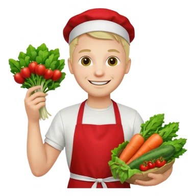 guy white t-shirt red apron smiling with vegetables sticker