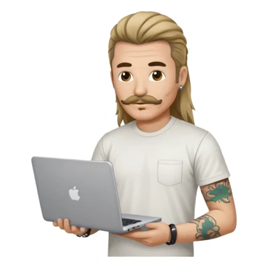 A DEVELOPER WITH A laptop, USING t-shirt, long hair,mullets style, mustache, tattoo, piercing sticker