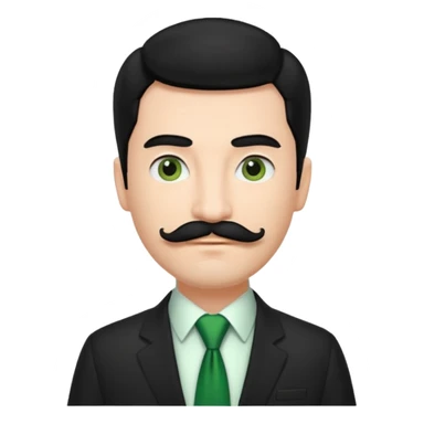 ["Fair-skinned man with black hair and a moustache, wearing a dark suit and green tie."] sticker