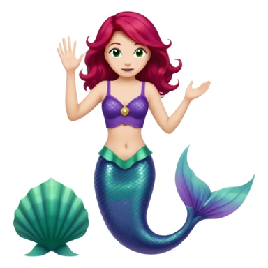 Ariel from Disney's The Little Mermaid, waving, with red hair, purple seashell top, and green mermaid tail, apple-style emoji art sticker