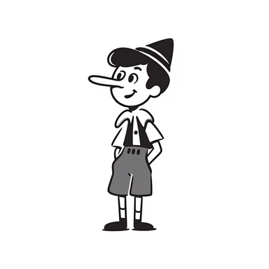 Hand-drawn Pinocchio puppet with a very long nose, wearing blue clothing and pointed hat sticker