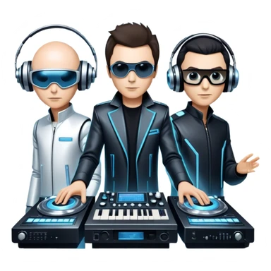 Icon for Electronic Music: Jean-Michel Jarre, Moby, DJ Tiesto, and Jorn van Deynhoven performing with synthesizers, turntables, and futuristic lighting effects. The design should evoke the vibrant and immersive atmosphere of electronic music festivals. Transparent background. sticker