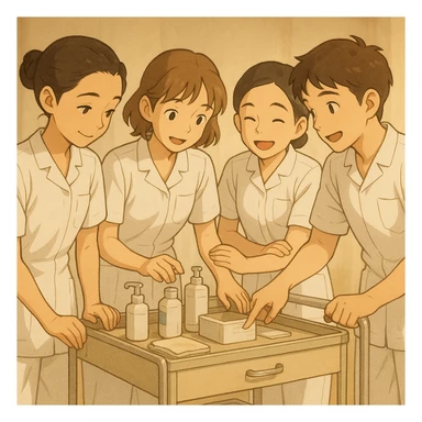 Four nursing students in Ghibli style, interacting around a care cart, wearing white short-sleeve uniforms with V-neck medical tunics, left chest pocket, no collar stand, no stethoscopes, nothing protruding from sleeves, atmosphere of mutual aid and teamwork sticker