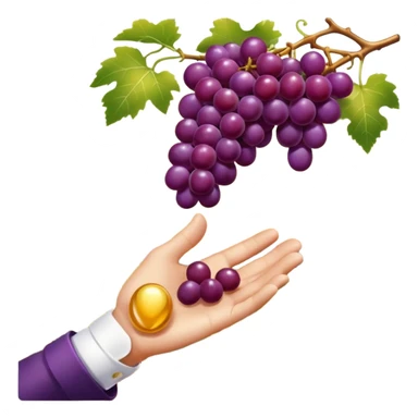 a single hand gently picking a perfectly ripe glossy purple grape from a vineyard under golden sunlight, luxury style, minimal shading, elegant emoji style sticker