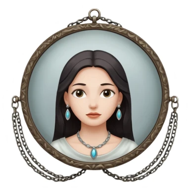 Woman facing ancient mirror, reflection slightly delayed and darker sticker