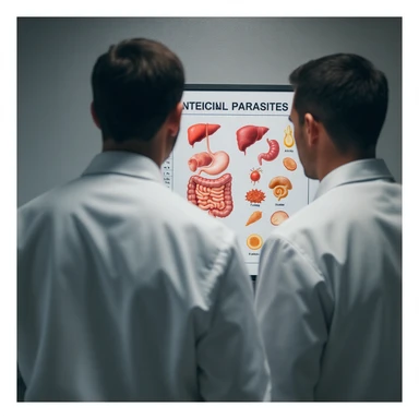 realistic photo, two doctors in white coats from behind, looking at a medical chart showing intestinal parasites, cinematic lighting, 2:3 aspect ratio sticker