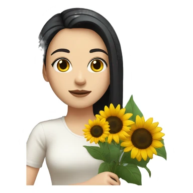 a white girl with shoulder length black hair, small rosy lips holding a bouquet of sunflower sticker