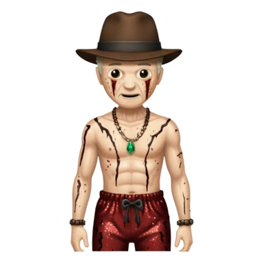Freddy Krueger with burned skin, dark brown sequin baggy pants, shirtless with necklace sticker