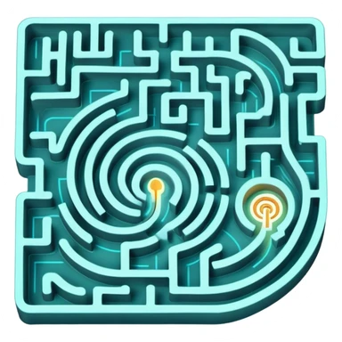 An icon showing an aerial view of a maze, with winding paths and dead ends, symbolizing indoor and city-based escape rooms. A glowing arrow points the way forward, representing the challenge of solving puzzles and finding the exit. .transparent background. sticker