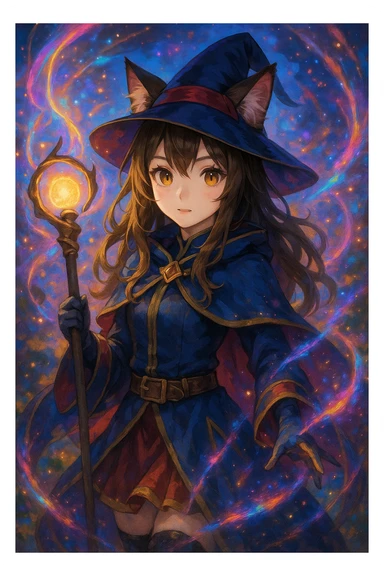 realistic anime catgirl in a fantasy mage outfit, glowing staff, magical effects, vibrant background sticker