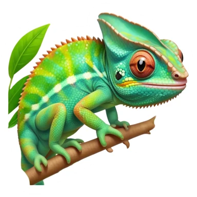 cinematic cute-smiling baby chameleon-realistic emoji,-blending-with-vibrant-greenery.-detailed-scales-in-shifting-colors,-showing-the-chameleon’s-ability-to-camouflage.-soft-natural-light-highlights-its-texture.-light-background, zoomed into its face sticker