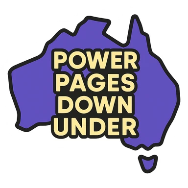 modern clean icon of Australia map with no border, text 'Power Pages Down Under' in bold geometric font, color scheme #403DAD, vibrant purple, #fff7ad, no Power Pages icon, no digital overlays sticker