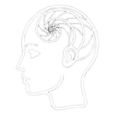 Minimalistic flat vector icon, iOS style, thin black contour on white background. Human head silhouette with spiral inside. Clean, no text, no shadows.
 sticker