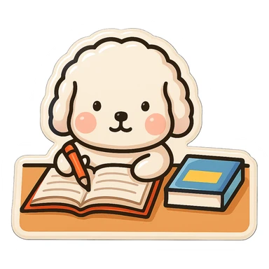 Transform the image into a WhatsApp sticker style by removing the background and leaving only the cute dog studying, with a white border around for sticker effect. sticker