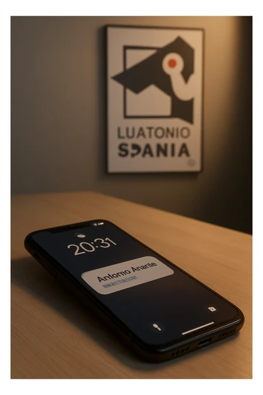 A photo of an iPhone with the message "Antonio Anania" on its scree, both surrounded by soft light and shadow. The phone sits atop a desk with a blurred background that suggests work environment. A faint glow from above casts gentle shadows across the surface of each object, creating depth and highlighting their textures. sticker