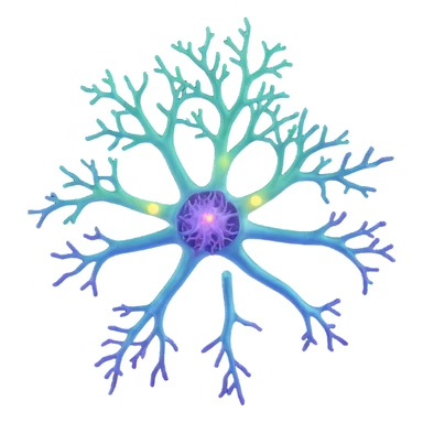 Realistic 3D neuron diagram with blue cell body, purple dendrites, green axon with myelin sheath, surrounded by glowing protective aura, scientific illustration with depth and detail sticker