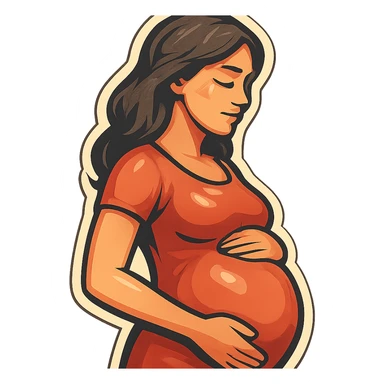 pregnant woman half-length portrait, standing sideways, holding belly, face and head fully in frame, retro stickers style, soft rounded shapes, expressive contours, vintage color palette, light paper texture, shadows and highlights, transparent background sticker