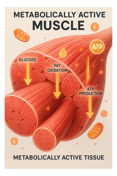 a highly detailed cross-section of human skeletal muscle fibers, shown in vibrant red and pink tones, with visible striations and realistic texture. Glowing arrows and animated icons represent active metabolic processes—such as glucose uptake, fat oxidation, and ATP production—occurring within the muscle tissue. Surrounding the muscle, floating symbols for mitochondria and energy highlight its metabolic activity. The background is clean and clinical, with subtle labels and infographics explaining that muscle is a metabolically active tissue. The overall style is modern, scientific, and visually engaging, suitable for educational or medical use. in italiano sticker